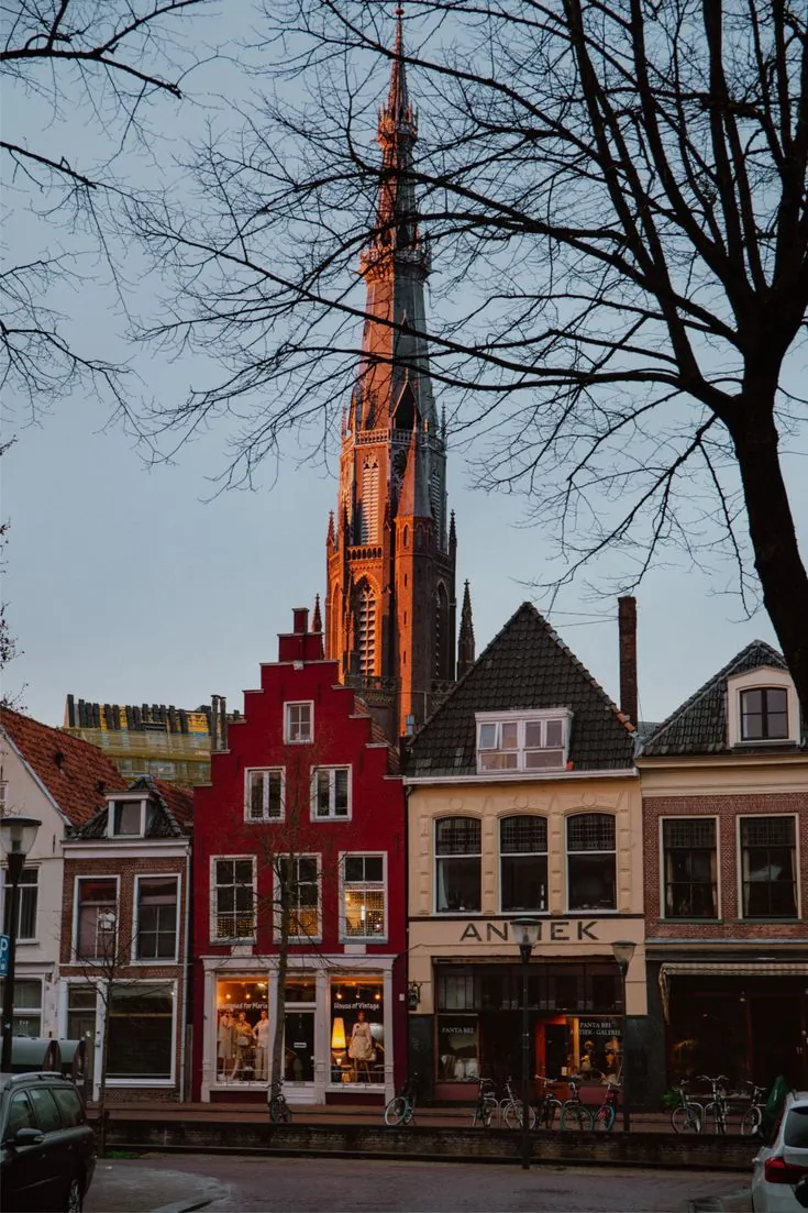 Dutch church spire and row houses