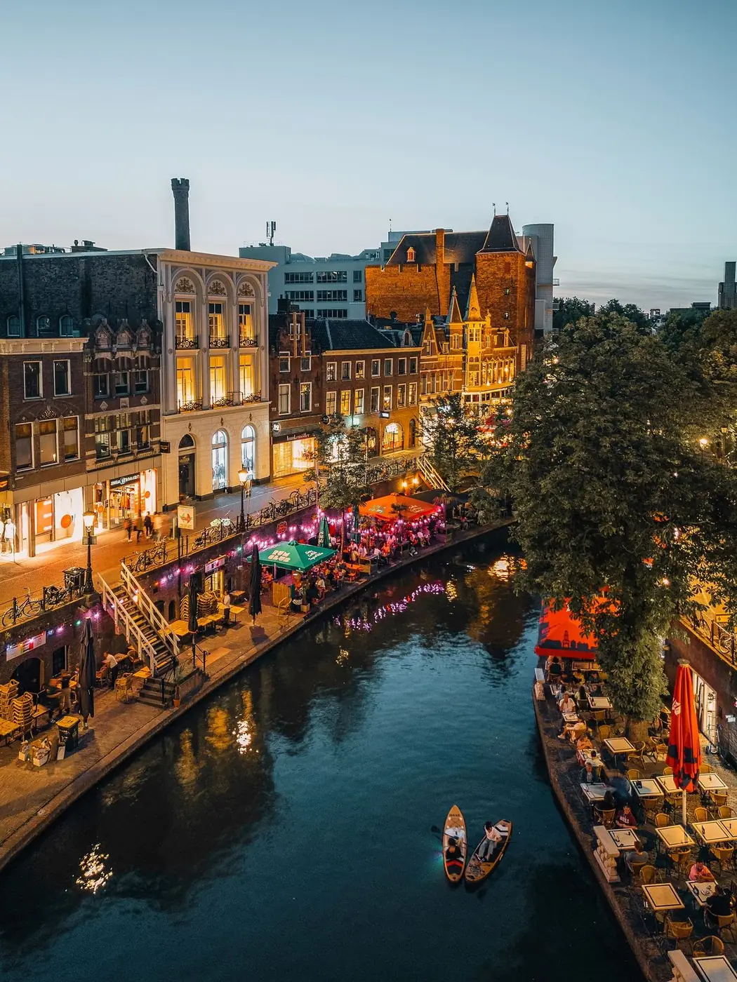 Utrecht canal terraces at dusk